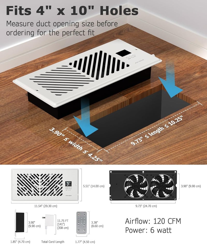 ATOM NEXUS Quiet Register Booster Fan Fits 4”x10” Register Holes, Smart Vent Booster Fan with Thermostat & Remote Control, 10-Speed Control Heating Cooling AC Vent (White) - Image 2